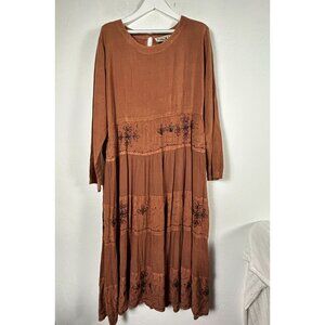 24 Karat Womens Boho Chic Rust Orange Embroidered Tiered Maxi Dress Size Medium